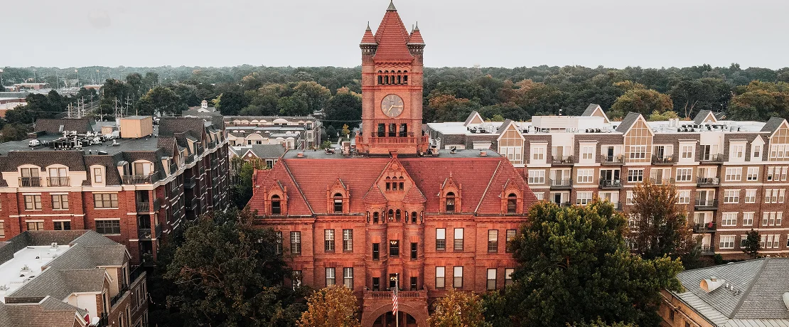 Aerial view of the DuPage County Judicial Center and downtown Wheaton, Illinois